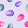 Seamless pattern of Easter, textured watercolor eggs in pink, blue and purple on a lilac background.